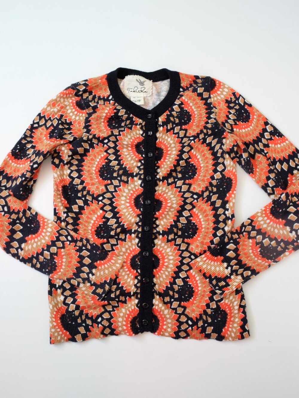 EUC Anthropologie Tabitha Crewneck Cardigan Sweater XS Cotton Navy Coral Print
